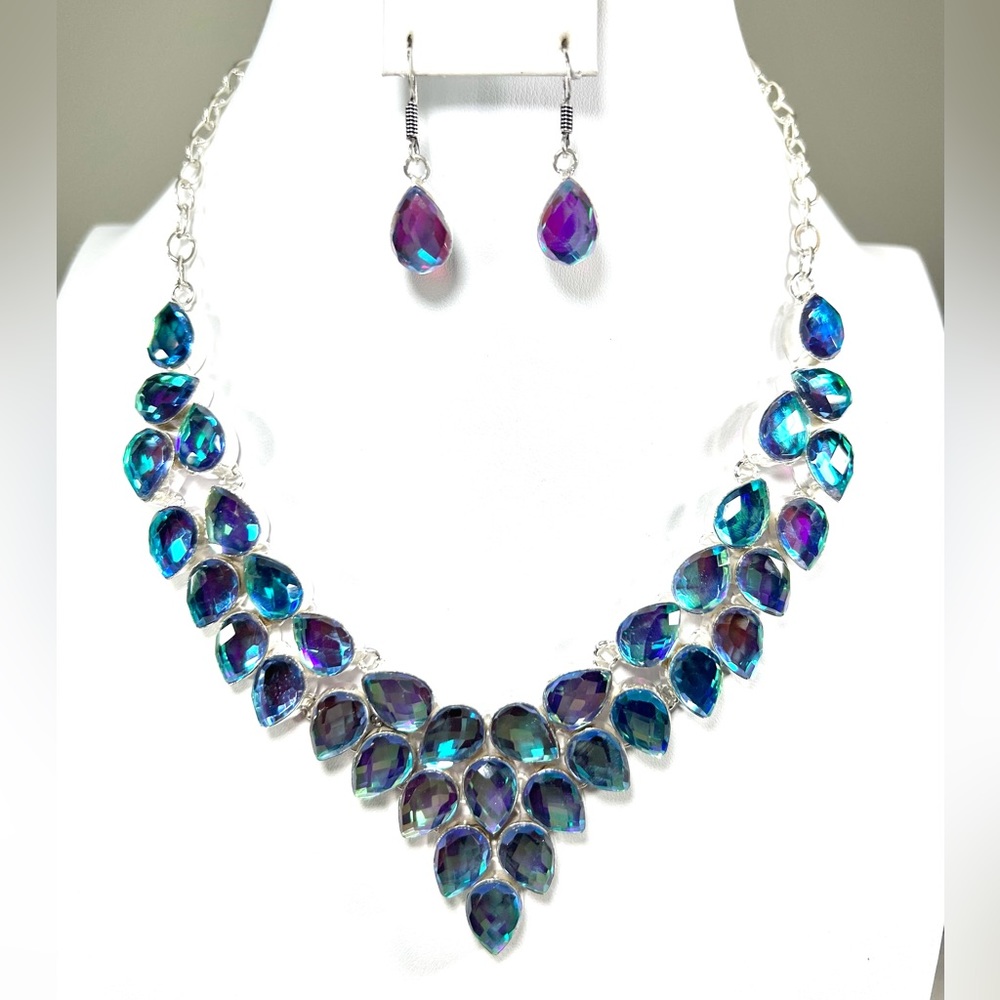 🌈🔥 Rainbow Fire Topaz Blue Green Purple 925 Large Synthetic  Necklace & Earrings